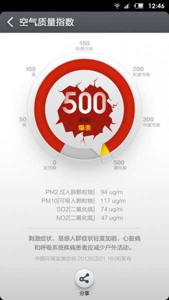 另外,米柚还对"天气"功能的"空气质量指数"爆表时的界面做了有趣的